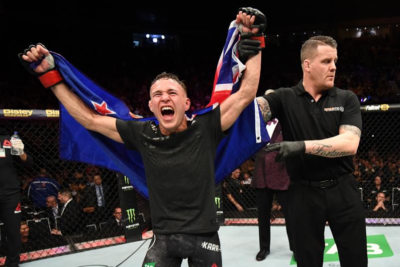 MELBOURNE, AUSTRALIA - FEBRUARY 10: Kai Kara France of New Zealand celebrates his victory over Raulian Paiva of Brazil in their flyweight bout during the UFC 234 at Rod Laver Arena on February 10, 2019 in the Melbourne, Australia. (Photo by Jeff Bottari/Zuffa LLC/Zuffa LLC via Getty Images)