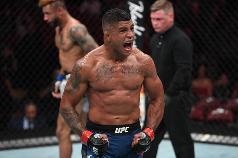 SUNRISE, FL - APRIL 27: (R-L) Gilbert Burns of Brazil celebrates his submission victory over Mike Davis in their lightweight bout during the UFC Fight Night event at BB&T Center on April 27, 2019 in Sunrise, Florida. (Photo by Jeff Bottari/Zuffa LLC)