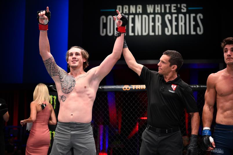 Brendan Allen celebrates after defeating Aaron Jeffery of Canada in their middleweight bout during Dana White's Contender Series at the UFC Apex on July 16, 2019 in Las Vegas, Nevada. (Photo by Chris Unger/DWCS LLC)