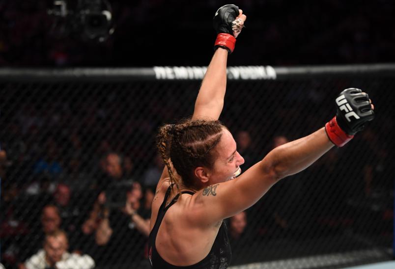 NEWARK, NJ - AUGUST 03: Antonina Shevchenko of Kyrgyzstan celebrates her submission victory over Lucie Pudilova of Czech Republic in their women's flyweight bout during the UFC Fight Night event at the Prudential Center on August 3, 2019 in Newark, New Jersey. (Photo by Josh Hedges/Zuffa LLC/Zuffa LLC via Getty Images)