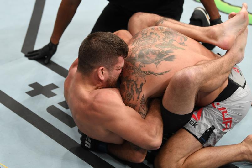 NEWARK, NJ - AUGUST 03: (L-R) Jim Miller submits Clay Guida in their lightweight bout during the UFC Fight Night event at the Prudential Center on August 3, 2019 in Newark, New Jersey. (Photo by Josh Hedges/Zuffa LLC/Zuffa LLC via Getty Images)
