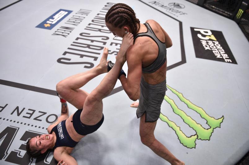 LAS VEGAS, NEVADA - JULY 30: (L-R) Tracy Cortez lands an up-kick against Mariya Agapova in their flyweight fight during Dana White's Contender Series Week Six at the UFC Apex on July 30, 2019 in Las Vegas, Nevada. (Photo by Chris Unger/DWCS LLC/Zuffa LLC)