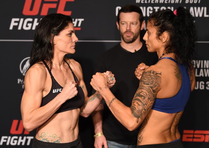 Opponents Lauren Murphy and Mara Romero Borella of Italy face off during the UFC Fight Night official weigh-in at the DoubleTree Hotel on August 02, 2019 in Newark, New Jersey. (Photo by Josh Hedges/Zuffa LLC)