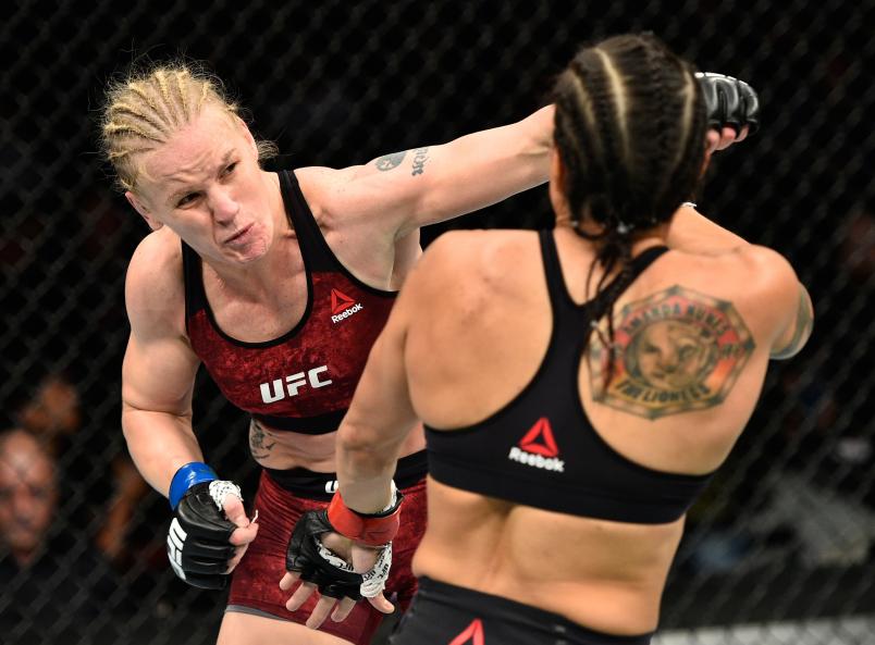 EDMONTON, AB - SEPTEMBER 09: (L-R) Valentina Shevchenko of Kyrgyzstan punches Amanda Nunes of Brazil in their women's bantamweight bout during the UFC 215 event inside the Rogers Place on September 9, 2017 in Edmonton, Alberta, Canada. (Photo by Jeff Bottari/Zuffa LLC/Zuffa LLC via Getty Images)
