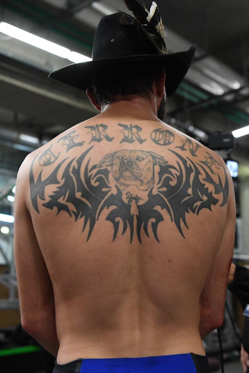 A detail shot of Donald Cerrone's tattoo's backstage after his victory during the UFC Fight Night event at Canadian Tire Centre on May 4, 2019 in Ottawa, Ontario, Canada. (Photo by Mike Roach/Zuffa LLC)
