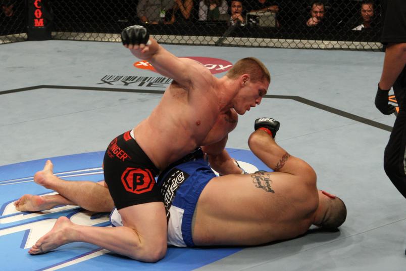 PORTLAND, OR - AUGUST 29: Todd Duffee (Black tight shorts) def. Tim Hague (blue/white shorts) - KO - :07 round 1 at the Rose Garden on August 29, 2009 in Portland, Oregon. (Photo by Josh Hedges/Zuffa LLC via Getty Images)