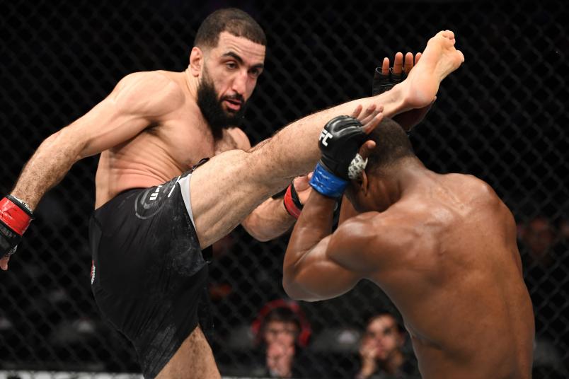 NEW YORK, NY - JANUARY 19: (L-R) Belal Muhammad kicks Geoff Neal in their welterweight bout during the UFC Fight Night event at the Barclays Center on January 19, 2019 in the Brooklyn borough of New York City. (Photo by Josh Hedges/Zuffa LLC/Zuffa LLC via Getty Images)