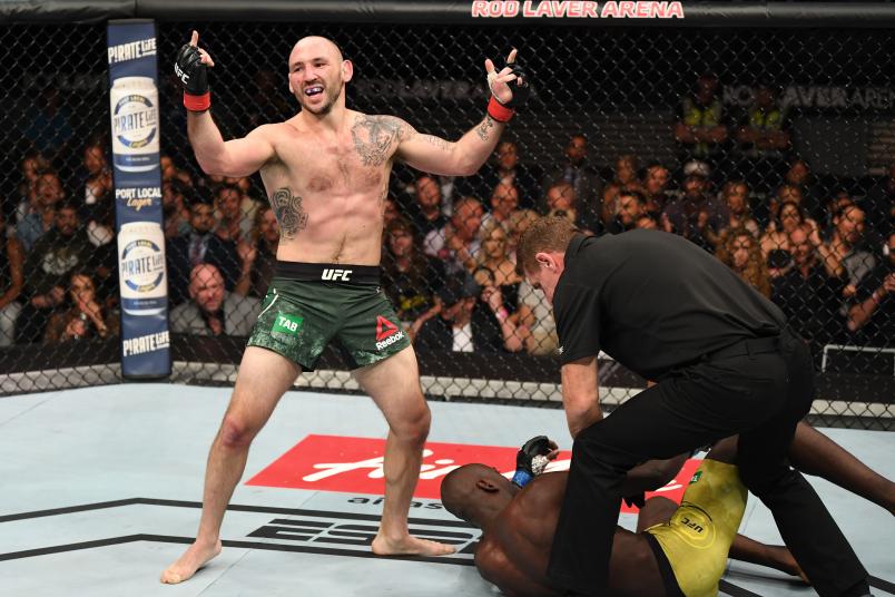 MELBOURNE, AUSTRALIA - FEBRUARY 10: (L-R) Lando Vannata celebrates his submission victory over Marcos Mariano of Brazil in their lightweight bout during the UFC 234 at Rod Laver Arena on February 10, 2019 in the Melbourne, Australiay. (Photo by Jeff Bottari/Zuffa LLC/Zuffa LLC via Getty Images)