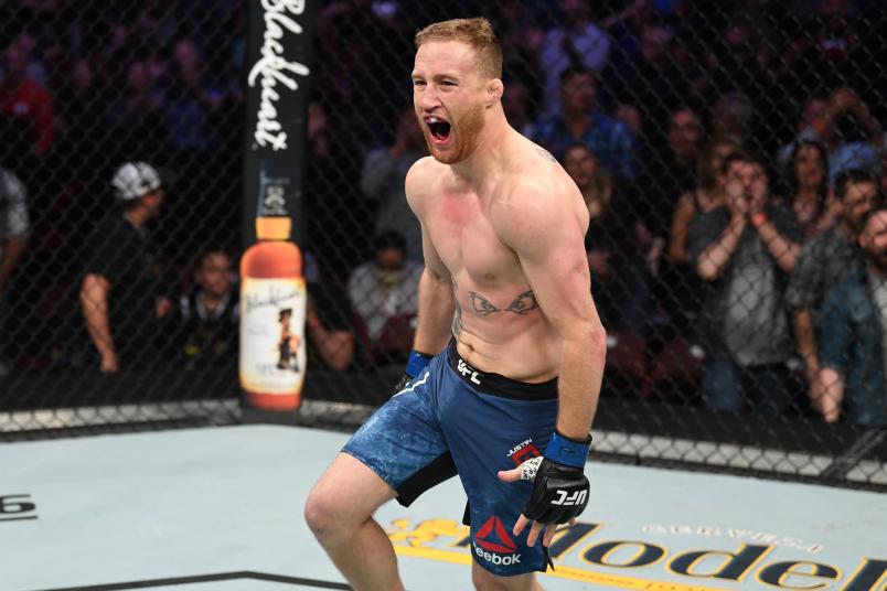 Justin Gaethje reacts after knocking out Edson Barboza of Brazil in their lightweight bout during the UFC Fight Night event at Wells Fargo Center on March 30, 2019 in Philadelphia, Pennsylvania. (Photo by Josh Hedges/Zuffa LLC via Getty Images)