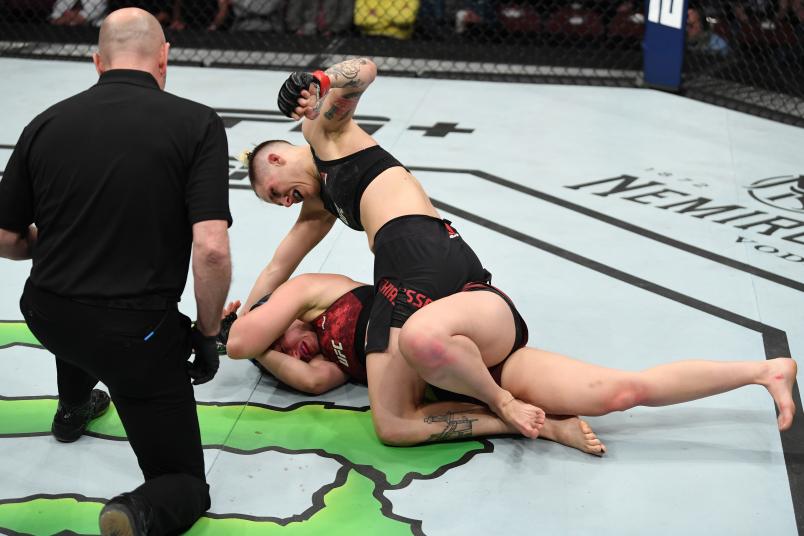 OTTAWA, ON - MAY 04: (R-L) Macy Chiasson punches Sarah Moras of Canada in their women's bantamweight bout during the UFC Fight Night event at Canadian Tire Centre on May 4, 2019 in Ottawa, Ontario, Canada. (Photo by Jeff Bottari/Zuffa LLC/Zuffa LLC via Getty Images)