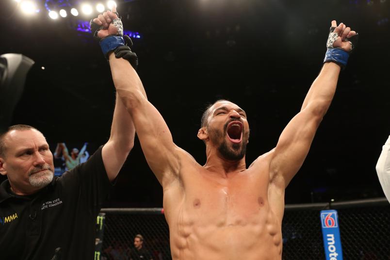 ROCHESTER, NY - MAY 18: Michel Pereira of Brazil celebrates after his knockout victory over Danny Roberts of the United Kingdom in their welterweight bout during the UFC Fight Night event at Blue Cross Arena on May 18, 2019 in Rochester, New York. (Photo by Michael Owens/Zuffa LLC)