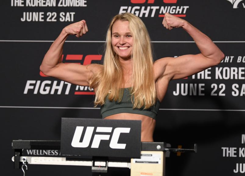 GREENVILLE, SC - JUNE 21: Andrea Lee poses on the scale during the UFC Fight Night weigh-in at the Hyatt Regency Greenville on June 21, 2019 in Greenville, South Carolina. (Photo by Josh Hedges/Zuffa LLC)