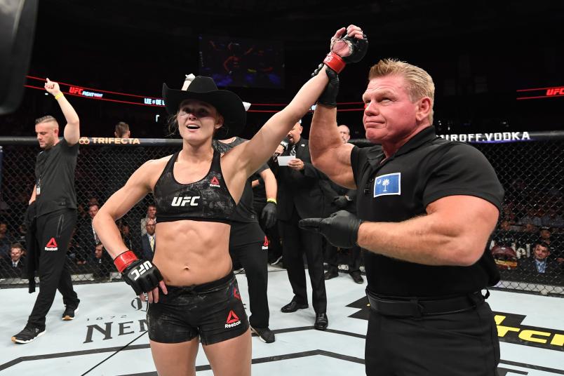 GREENVILLE, SC - JUNE 22: Andrea Lee celebrates her victory over Montana De La Rosa in their women's flyweight bout during the UFC Fight Night event at Bon Secours Wellness Arena on June 22, 2019 in Greenville, South Carolina. (Photo by Josh Hedges/Zuffa LLC)