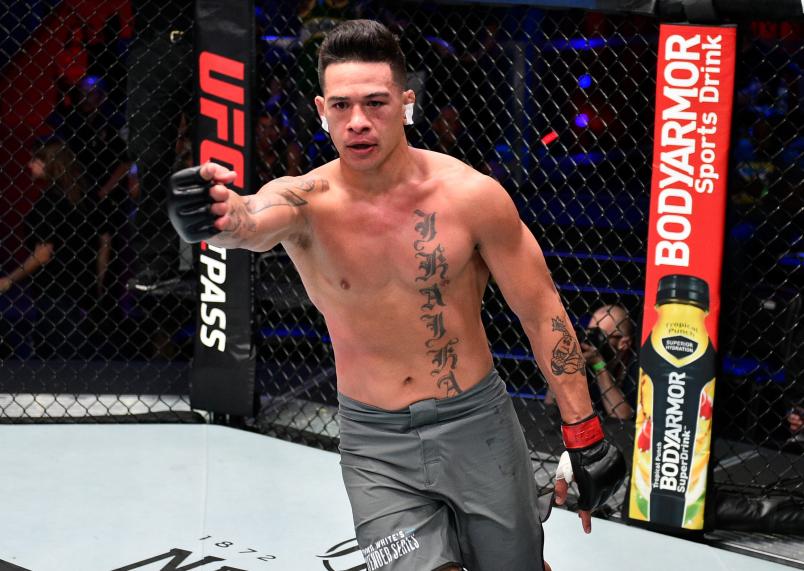 LAS VEGAS, NV - JULY 09: Maki Pitolo celebrates after his TKO victory over Justin Sumter in their middleweight bout during Dana White's Contender Series at the UFC Apex on July 9, 2019 in Las Vegas, Nevada. (Photo by Chris Unger/DWCS LLC)