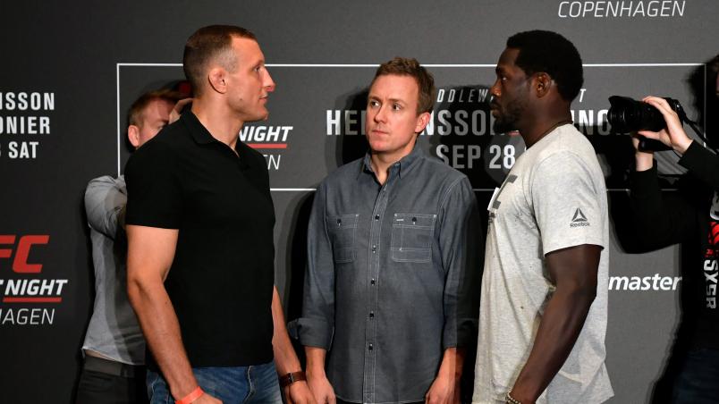 COPENHAGEN, DENMARK - SEPTEMBER 26: (L-R) Jack Hermansson of Sweden and Jared Cannonier face off during the UFC Fight Night Ultimate Media Day at the Radisson Blu Scandinavia Hotel on September 26, 2019 in Copenhagen, Denmark. (Photo by Jeff Bottari/Zuffa LLC/Zuffa LLC via Getty Images)