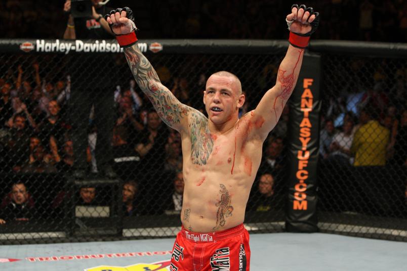 MANCHESTER, ENGLAND - NOVEMBER 14: Ross Pearson (red shorts) def. Aaron Riley (white shorts) - TKO - 4:38 round 2 during UFC 105 at M.E.N. Arena on November 14, 2009 in Manchester, England. (Photo by Josh Hedges/Zuffa LLC via Getty Images)