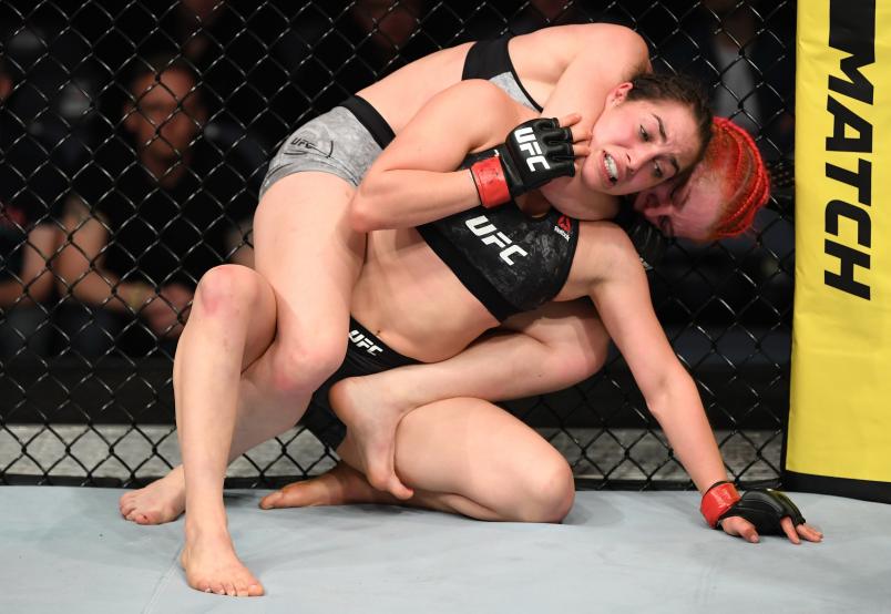 Gillian Robertson of Canada secures a rear choke submission against Veronica Macedo of Venezuela in their women's flyweight bout during the UFC Fight Night event at O2 Arena on February 23, 2019 in the Prague, Czech Republic. (Photo by Jeff Bottari/Zuffa LLC/Zuffa LLC via Getty Images)
