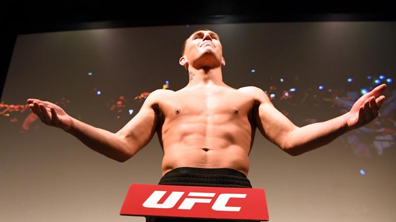 LONDON, ENGLAND - MARCH 15: Darren Till of United Kingdom poses on the scale during the UFC Fight Night weigh-in at The O2 on March 15, 2019 in London, England. (Photo by Mike Roach/Zuffa LLC/Zuffa LLC via Getty Images)