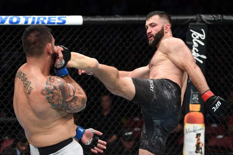 SUNRISE, FL - APRIL 27: (R-L) Andrei Arlovski of Belarus kicks Augusto Sakai of Brazil in their heavyweight bout during the UFC Fight Night event at BB&T Center on April 27, 2019 in Sunrise, Florida. (Photo by Jeff Bottari/Zuffa LLC/Zuffa LLC via Getty Images)