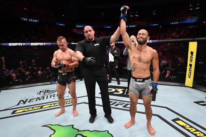 STOCKHOLM, SWEDEN - JUNE 01: (R-L) Frank Camacho celebrates his TKO victory over Nick Hein of Germany in their lightweight bout during the UFC Fight Night event at Ericsson Globe on June 1, 2019 in Stockholm, Sweden. (Photo by Jeff Bottari/Zuffa LLC)