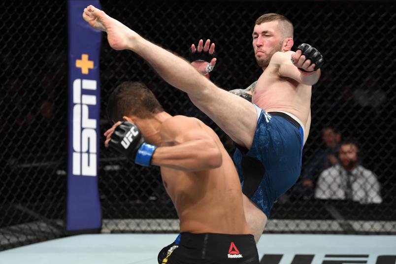 STOCKHOLM, SWEDEN - JUNE 01: (R-L) Stevie Ray of Scotland kicks Leonardo Santos of Brazil in their lightweight bout during the UFC Fight Night event at Ericsson Globe on June 1, 2019 in Stockholm, Sweden. (Photo by Jeff Bottari/Zuffa LLC/Zuffa LLC via Getty Images)