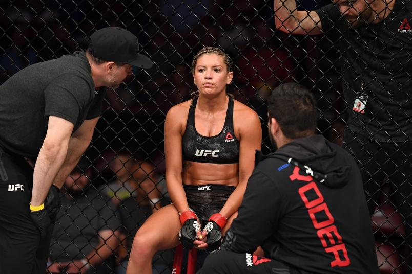 GREENVILLE, SC - JUNE 22: Ashley Yoder rests in her corner between rounds of her women's strawweight bout against Syuri Kondo of Japan during the UFC Fight Night event at Bon Secours Wellness Arena on June 22, 2019 in Greenville, South Carolina. (Photo by Josh Hedges/Zuffa LLC/Zuffa LLC via Getty Images)