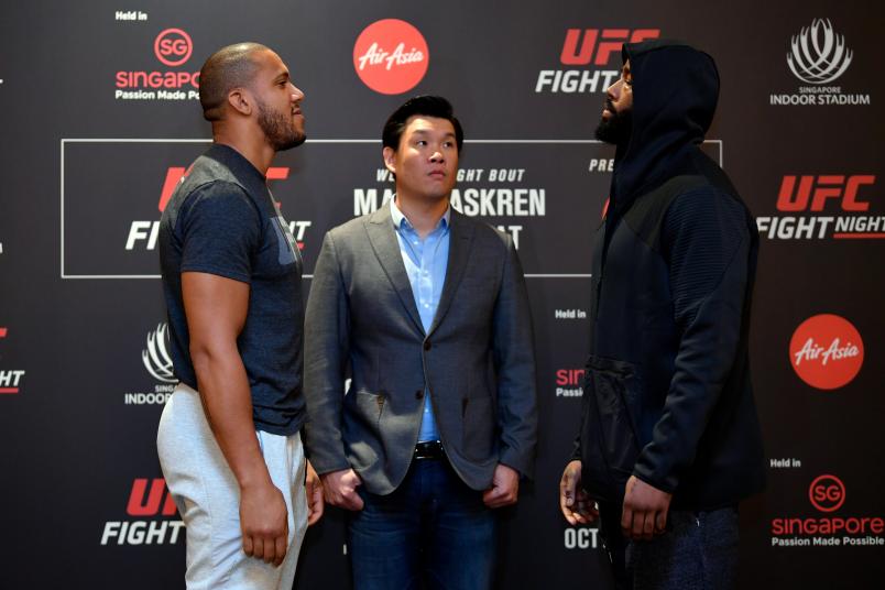 SINGAPORE, SINGAPORE - OCTOBER 24: (L-R) Opponents Ciryl Gane of France and Don'Tale Mayes face off during the UFC Fight Night Ultimate Media Day at the Mandarin Oriental on October 24, 2019 in Singapore, Singapore. (Photo by Jeff Bottari/Zuffa LLC via Getty Images)
