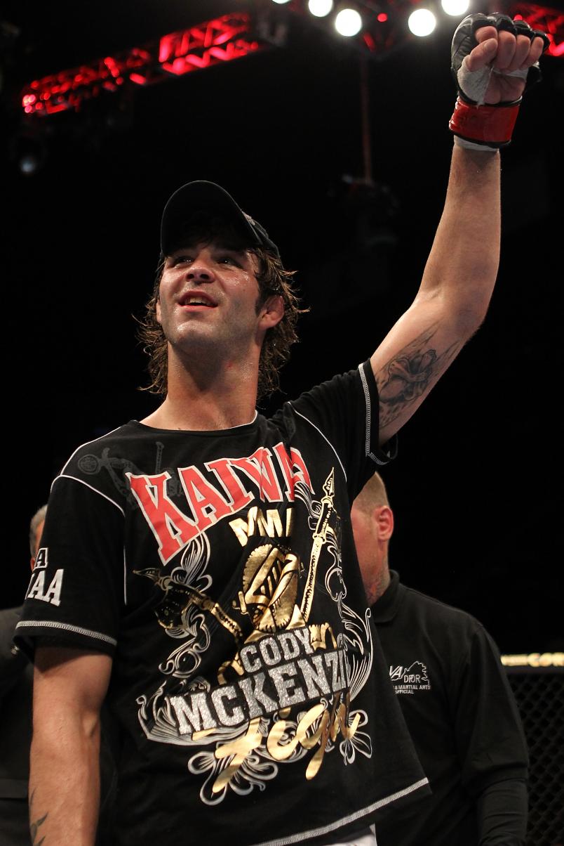 Cody McKenzie reacts after his victory over Marcus LeVesseur in a lightweight bout during the UFC on Fuel TV event at Patriot Center on May 15, 2012 in Fairfax, Virginia. (Photo by Josh Hedges/Zuffa LLC/Zuffa LLC via Getty Images)