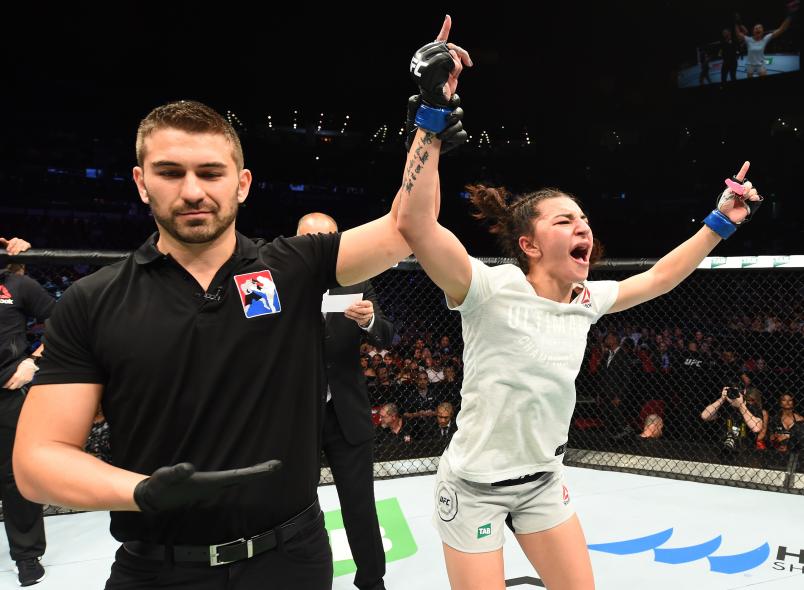 SYDNEY, AUSTRALIA - NOVEMBER 19: Nadia Kassem celebrates her victory over Alex Chambers of Australia in their women's strawweight bout during the UFC Fight Night event inside the Qudos Bank Arena on November 19, 2017 in Sydney, Australia. (Photo by Josh Hedges/Zuffa LLC/Zuffa LLC via Getty Images)