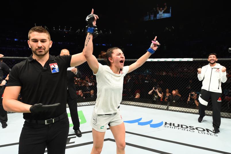 Nadia Kassem celebrates her victory over Alex Chambers of Australia in their women's strawweight bout during the UFC Fight Night event inside the Qudos Bank Arena on November 19, 2017 in Sydney, Australia. (Photo by Josh Hedges/Zuffa LLC/Zuffa LLC via Getty Images)