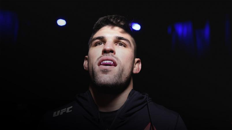 NEW YORK, NEW YORK - OCTOBER 31: (L-R) Opponents Stephen Thompson and Vicente Luque face off during the UFC 244 Ultimate Media Day on October 31, 2019 in New York City. (Photo by Josh Hedges/Zuffa LLC via Getty Images)
