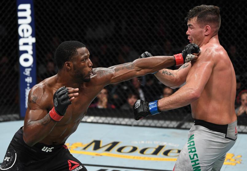 NEW YORK, NY - NOVEMBER 03: (L-R) Karl Roberson punches Jack Marshman of South Wales in their middleweight bout during the UFC 230 event inside Madison Square Garden on November 3, 2018 in New York, New York. (Photo by Jeff Bottari/Zuffa LLC)