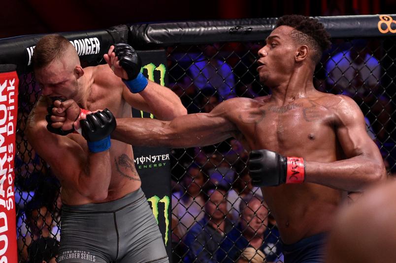LAS VEGAS, NV - JULY 23: (R-L) Jamahal Hill punches Alexander Poppeck of Germany in their light heavyweight bout during Dana White's Contender Series at the UFC Apex on July 23, 2019 in Las Vegas, Nevada. (Photo by Chris Unger/DWCS LLC)
