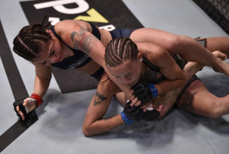 LAS VEGAS, NEVADA - JULY 30: (L-R) Tracy Cortez battles Mariya Agapova in their flyweight fight during Dana White's Contender Series Week Six at the UFC Apex on July 30, 2019 in Las Vegas, Nevada. (Photo by Chris Unger/DWCS LLC/Zuffa LLC)
