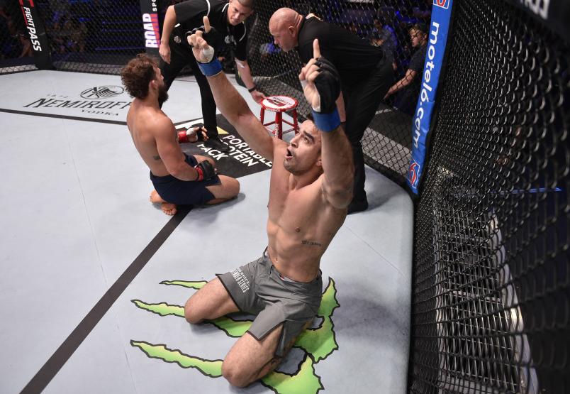 LAS VEGAS, NEVADA - AUGUST 06: Andre Muniz celebrates after his submission victory over Taylor Johnson in their middleweight bout during week seven of Dana White's Contender Series on August 06, 2019 in Las Vegas, Nevada. (Photo by Chris Unger/DWCS LLC/Zuffa LLC)