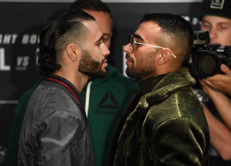 NEW YORK, NEW YORK - OCTOBER 31: (L-R) Opponents Shane Burgos and Makwan Amirkhani of Finland face off during the UFC 244 Ultimate Media Day on October 31, 2019 in New York City. (Photo by Josh Hedges/Zuffa LLC via Getty Images)