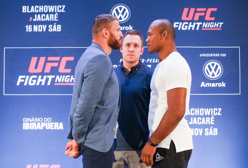 Jan Blachowicz of Poland and Ronaldo "Jacare"Souza of Brazil face off during the Ultimate Media Day at Renaissance Hotel Sao Paulo on November 14, 2019 in Sao Paulo, Brazil. (Photo by Alexandre Schneider/Zuffa LLC via Getty Images)