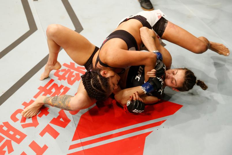 Cynthia Calvillo controls the body of Poliana Botelho of Brazil in their women's strawweight bout during the UFC Fight Night event inside Arena Parque Roca on November 17, 2018 in Buenos Aires, Argentina. (Photo by Alexandre Schneider/Zuffa LLC via Getty Images)