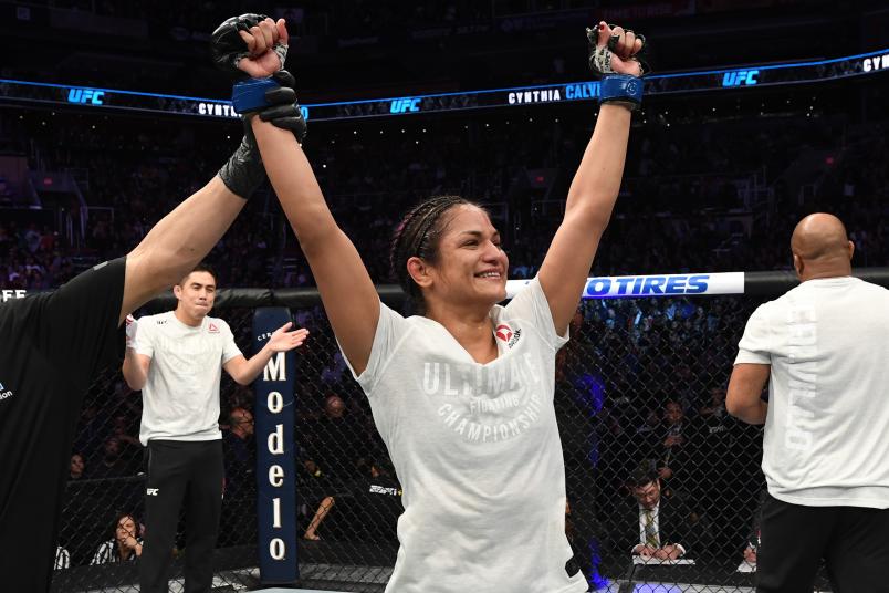 Cynthia Calvillo celebrates her victory over Cortney Casey in their women's strawweight bout during the UFC Fight Night event at Talking Stick Resort Arena on February 17, 2019 in Phoenix, Arizona. (Photo by Josh Hedges/Zuffa LLC via Getty Images)