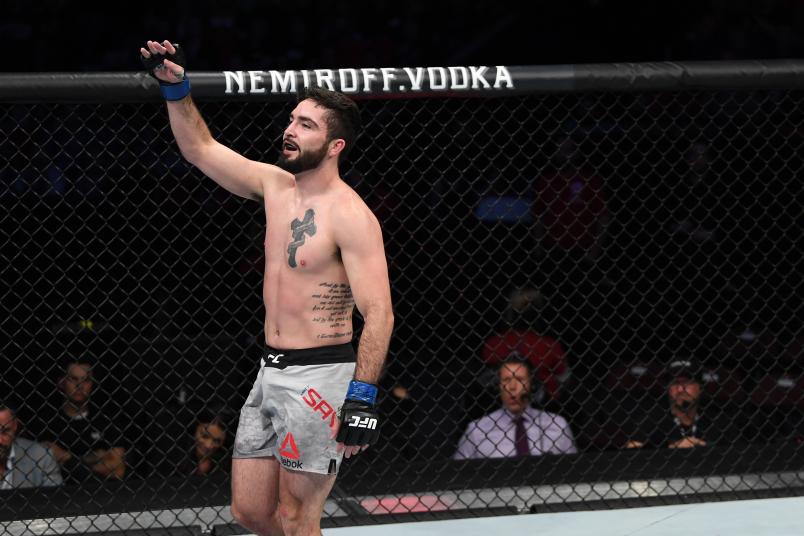 OTTAWA, ON - MAY 04: Matt Sayles celebrates his submission victory over Kyle Nelson of Canada in their featherweight bout during the UFC Fight Night event at Canadian Tire Centre on May 4, 2019 in Ottawa, Ontario, Canada. (Photo by Jeff Bottari/Zuffa LLC/Zuffa LLC via Getty Images)