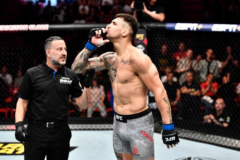 Aleksandar Rakic of Austria celebrates his KO victory over Jimi Manuwa of England in their light heavyweight bout during the UFC Fight Night event at Ericsson Globe on June 1, 2019 in Stockholm, Sweden. (Photo by Jeff Bottari/Zuffa LLC via Getty Images)
