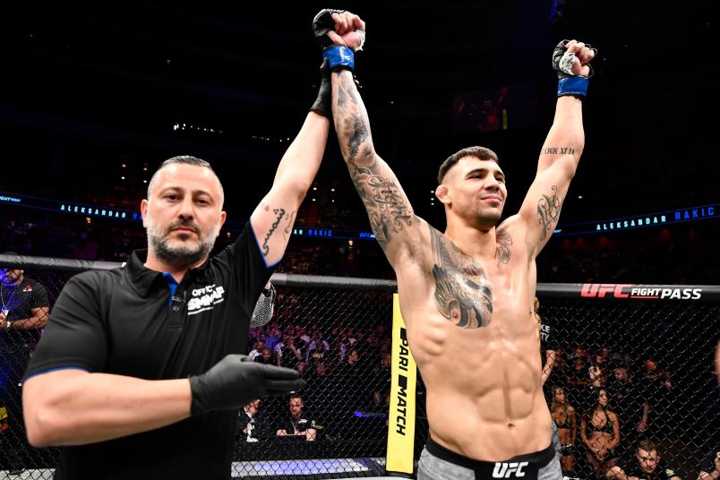 Aleksandar Rakic of Austria celebrates his KO victory over Jimi Manuwa of England in their light heavyweight bout during the UFC Fight Night event at Ericsson Globe on June 1, 2019 in Stockholm, Sweden. (Photo by Jeff Bottari/Zuffa LLC via Getty Images)