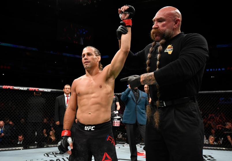 Urijah Faber celebrates after his victory over Ricky Simon in their bantamweight bout during the UFC Fight Night event at Golden 1 Center on July 13, 2019 in Sacramento, California. (Photo by Jeff Bottari/Zuffa LLC via Getty Images)