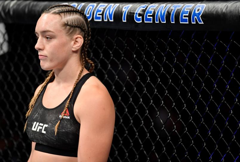 Aspen Ladd prepares to fight Germaine de Randamie of the Netherlands in their women's bantamweight bout during the UFC Fight Night event at Golden 1 Center on July 13, 2019 in Sacramento, California. (Photo by Jeff Bottari/Zuffa LLC via Getty Images)