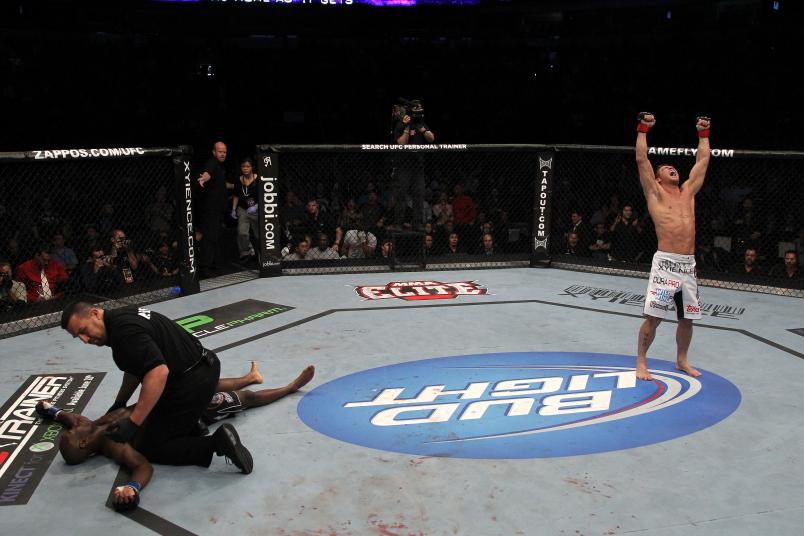 VANCOUVER, BC - JUNE 11: Sam Stout (R) celebrates after knocking out Yves Edwards in a lightweight bout at UFC 131 at Rogers Arena on June 11, 2011 in Vancouver, British Columbia, Canada. (Photo by Donald Miralle/Zuffa LLC)