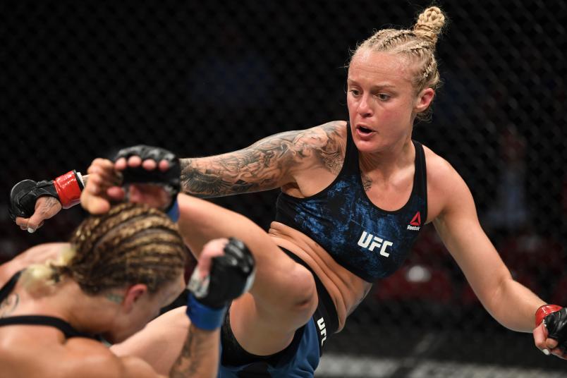 NEWARK, NJ - AUGUST 03: (R-L) Miranda Granger kicks Hannah Goldy in their women's flyweight bout during the UFC Fight Night event at the Prudential Center on August 3, 2019 in Newark, New Jersey. (Photo by Josh Hedges/Zuffa LLC/Zuffa LLC via Getty Images)