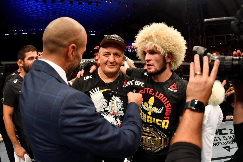 ABU DHABI, UNITED ARAB EMIRATES - SEPTEMBER 07: Khabib Nurmagomedov of Russia is interviewed after his submission victory over Dustin Poirier in their lightweight championship bout during UFC 242 at The Arena on September 7, 2019 in Yas Island, Abu Dhabi, United Arab Emirates. (Photo by Jeff Bottari/Zuffa LLC/Zuffa LLC via Getty Images)