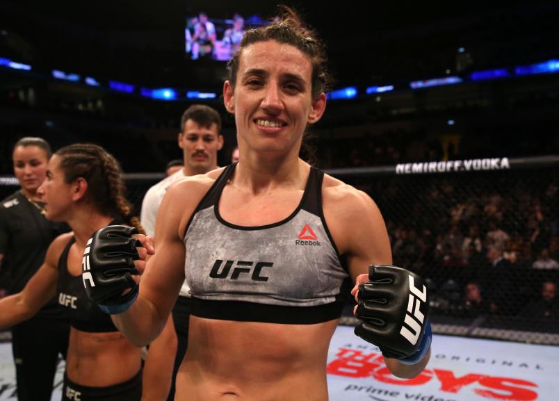 Marina Rodriguez of Brazil celebrates after her victory over Tecia Torres in their strawweight fight during the UFC Fight Night event at Antel Arena on August 10, 2019 in Montevideo, Uruguay. (Photo by Alexandre Schneider/Zuffa LLC)