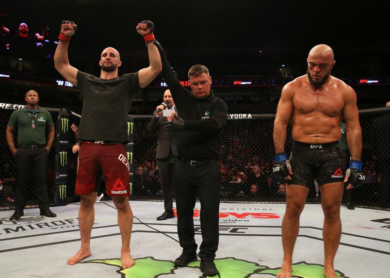 Volkan Oezdemir of Switzerland celebrates after his victory over Ilir Latifi of Sweden in their light heavyweight fight during the UFC Fight Night event at Antel Arena on August 10, 2019 in Montevideo, Uruguay. (Photo by Alexandre Schneider/Zuffa LLC)