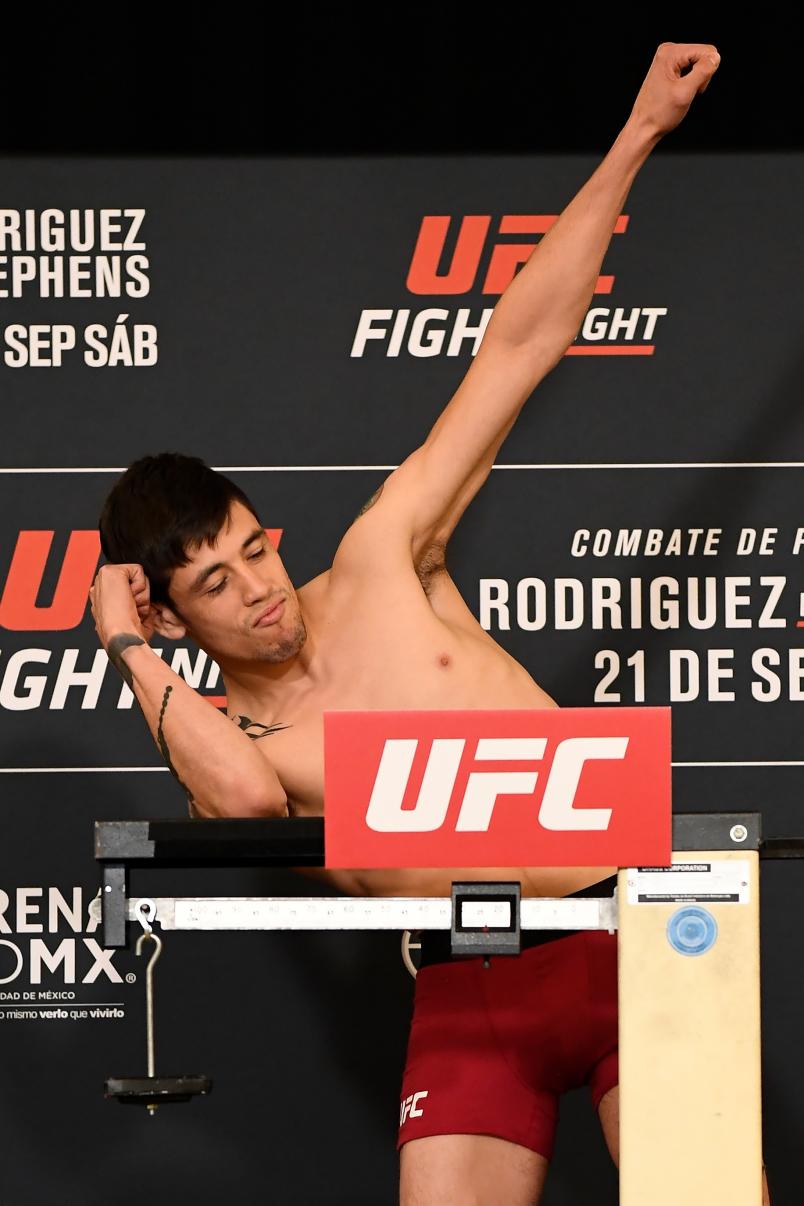 MEXICO CITY, MEXICO - SEPTEMBER 20: Brandon Moreno of Mexico poses on the scale during the UFC Fight Night weigh-in on September 20, 2019 in Mexico City, Mexico. (Photo by Mike Roach/Zuffa LLC/Zuffa LLC via Getty Images)